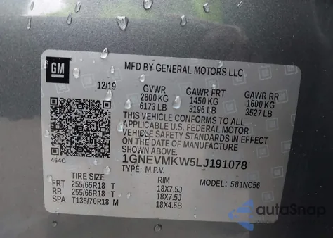 2020 Chevrolet Traverse Awd 2Fl from USA, damaged, VIN 1GNEVMKW5LJ191078